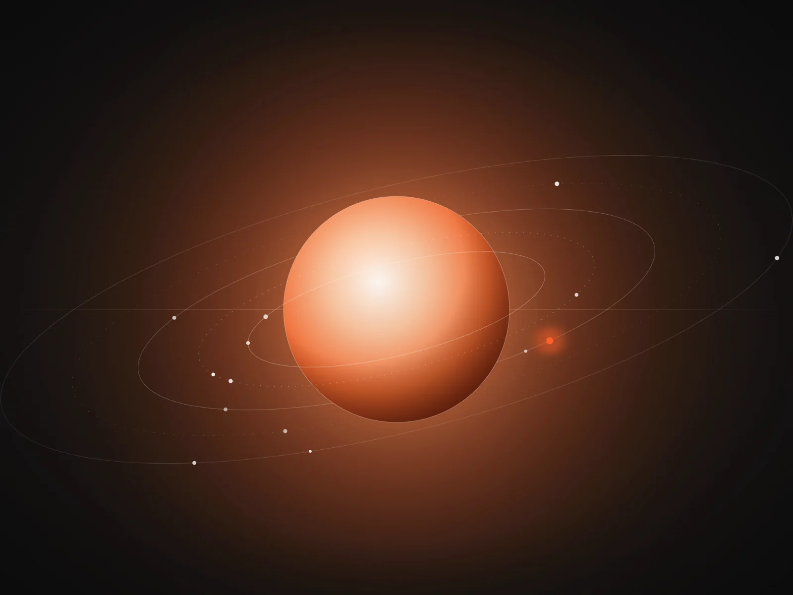 Luminous orange orb surrounded by concentric orbit rings on a dark background — AURA key visual
