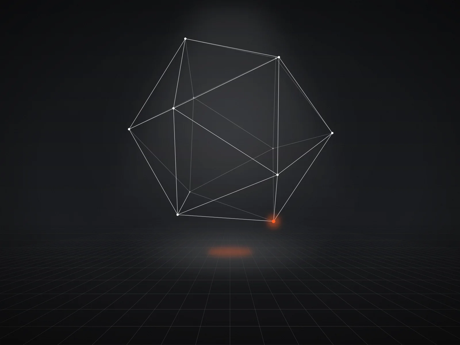 Glowing wireframe polyhedron floating above a perspective grid — VERTEX key visual